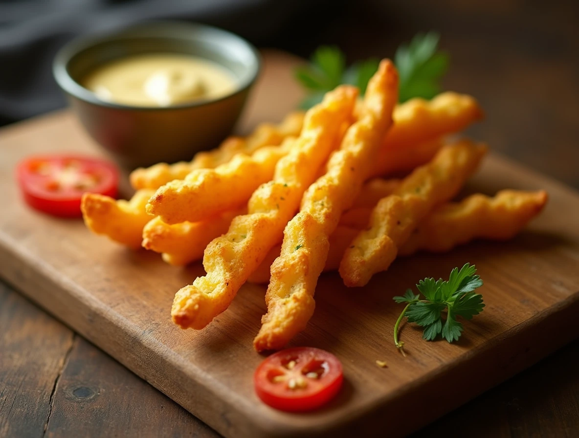 A close-up shot of a crinkle cut fry on a wooden cutting board with fresh parsley, tomato, and aioli.