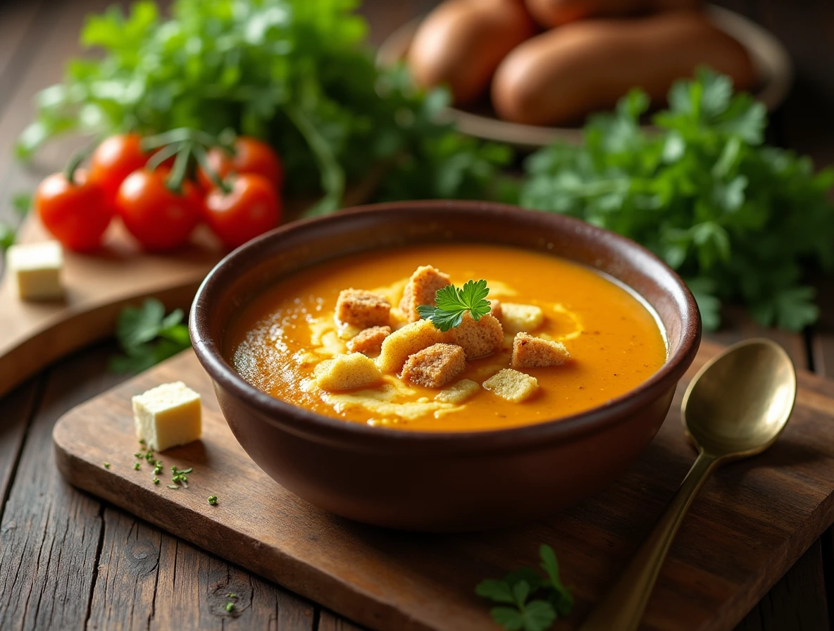 Fresh vegetables, herbs, and chicken bouillon cubes arranged on a rustic wooden cutting board with a golden-brown soup in the center