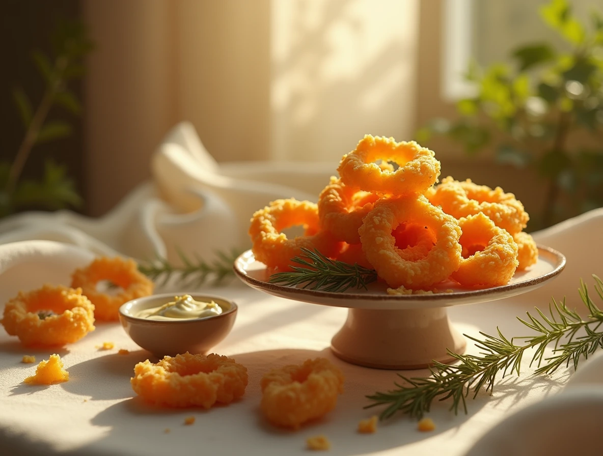 Gold nugget rings, crispy and golden-brown, served on a rustic pedestal plate with fresh herbs and dipping sauce in warm, golden light.