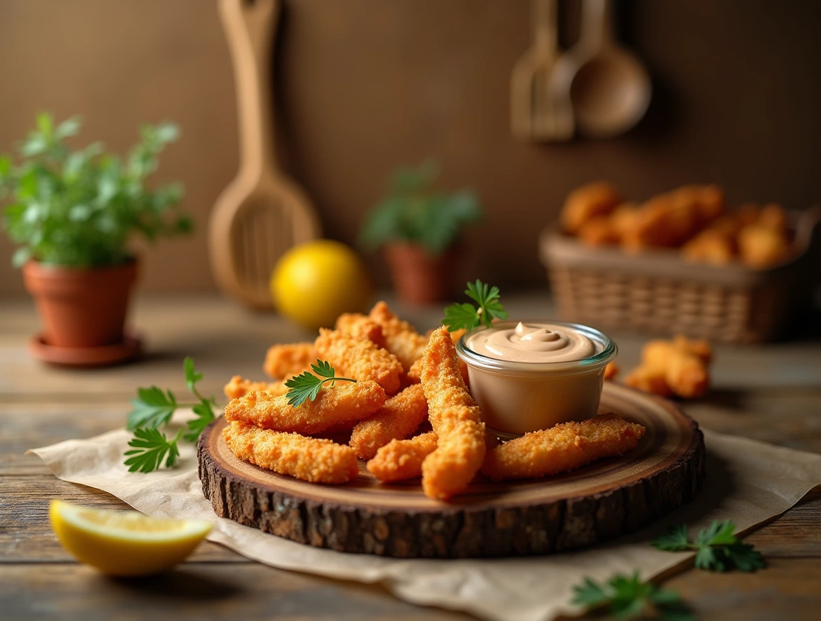 A close-up shot of chicken fries arranged on a rustic wooden board with fresh parsley, lemon, and a glass jar of rich dipping sauce.