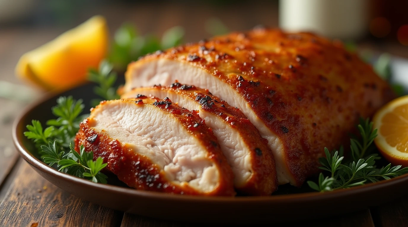 A close-up shot of a perfectly smoked turkey breast, with golden-brown meat and crispy, caramelized skin, surrounded by fresh parsley and citrus.