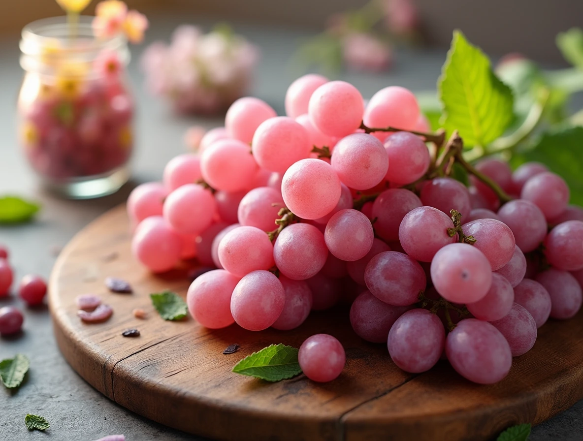 A close-up shot of cotton candy grapes arranged on a wooden cutting board with fresh mint and edible flowers.