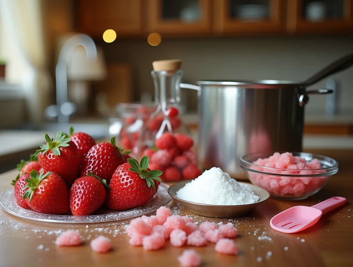 Simple recipes for making strawberry candy at home with fresh strawberries, sugar, and equipment on a kitchen counter.