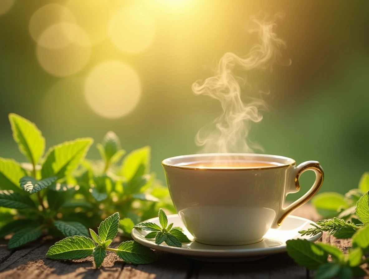 A steaming cup of lemon balm tea surrounded by fresh mint leaves and lemon verbena, with a cozy garden background.