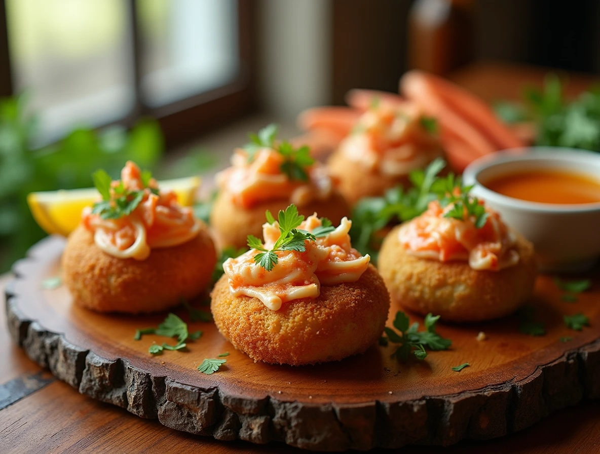 A platter of crab meat in various forms, featuring lump crab, crab cakes, and crab rangoon, arranged on a rustic wooden board with fresh herbs and sauce