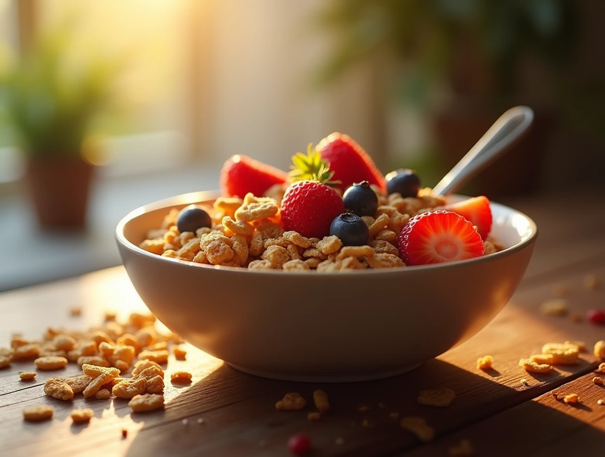 A bowl of protein cereal with fresh berries, chia seeds, and honey, set on a rustic wooden table.