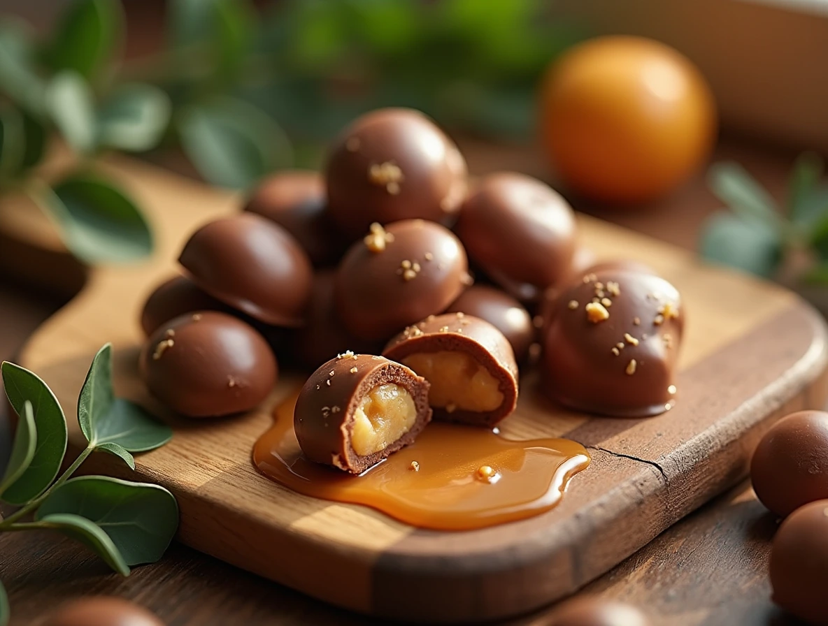 A plate of Milk Duds, surrounded by fresh leaves and rustic wooden accents, evoking a sense of comfort and indulgence.