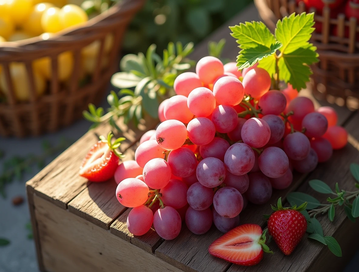 A bunch of vibrant cotton candy grapes on a rustic wooden crate, surrounded by fresh rosemary and sliced strawberries.