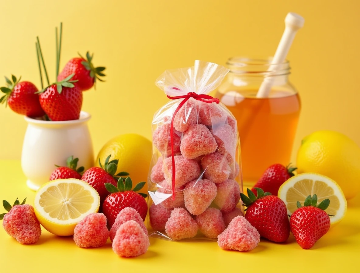 Benefits and fun facts about strawberry candy, showcasing its health benefits and nutritional value with fresh strawberries and honey.