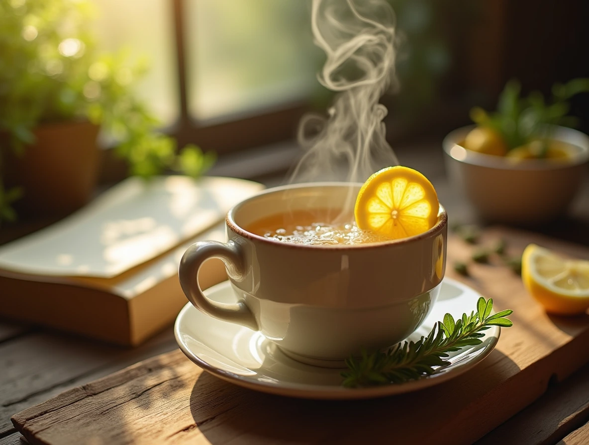 A steaming cup of lemon balm tea on a rustic wooden table, surrounded by fresh lemon and herbs.