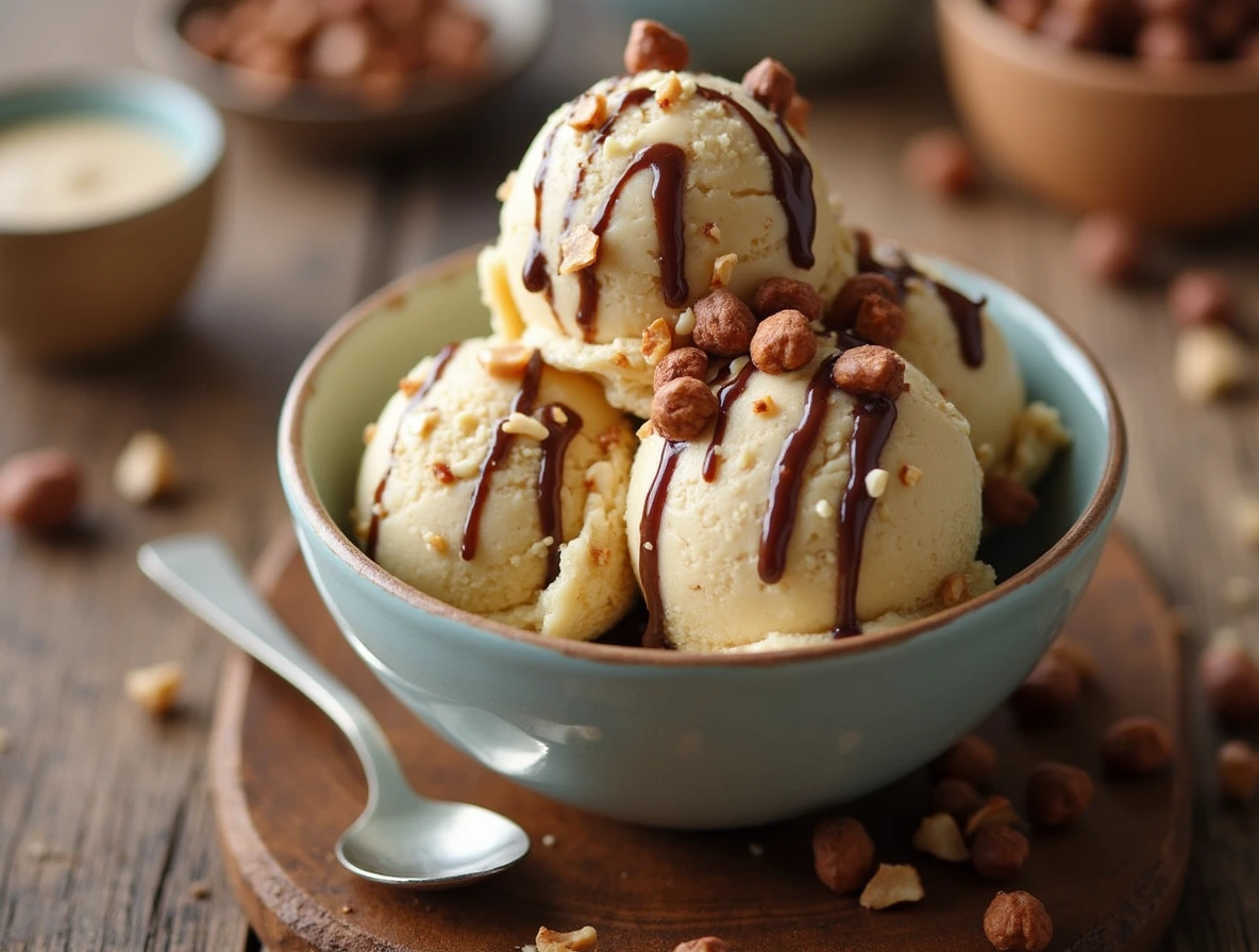 Hazelnut ice cream​ - A delicious scoop of hazelnut ice cream served in a bowl, garnished with chopped hazelnuts and chocolate drizzle.