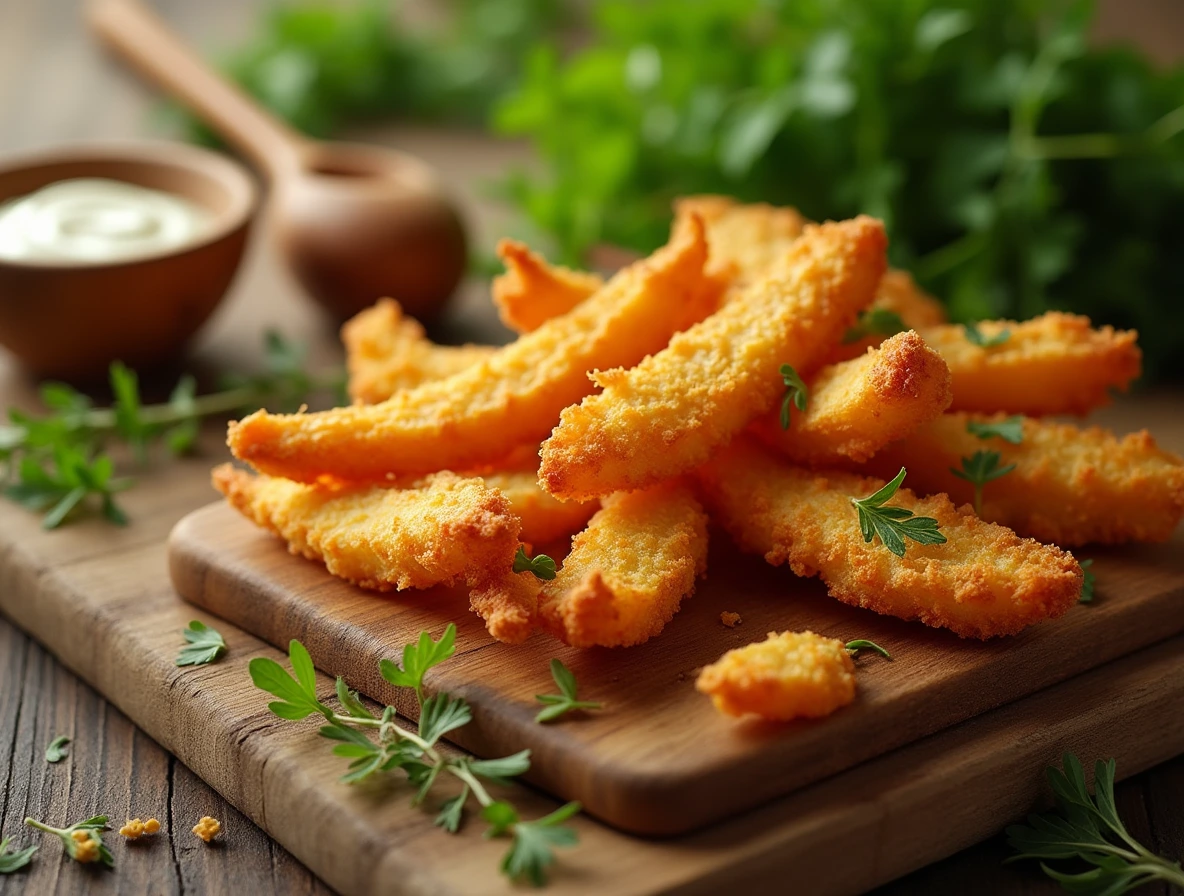 A batch of crispy, golden-brown chicken fries served on a rustic wooden cutting board with fresh herbs and dipping sauce