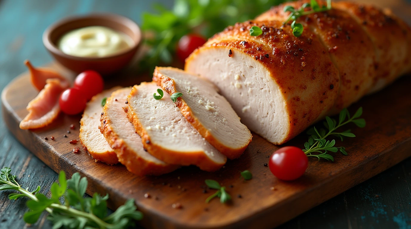 A beautifully styled smoked turkey breast on a rustic cutting board, garnished with fresh microgreens, bacon, horseradish sauce, and cranberries.