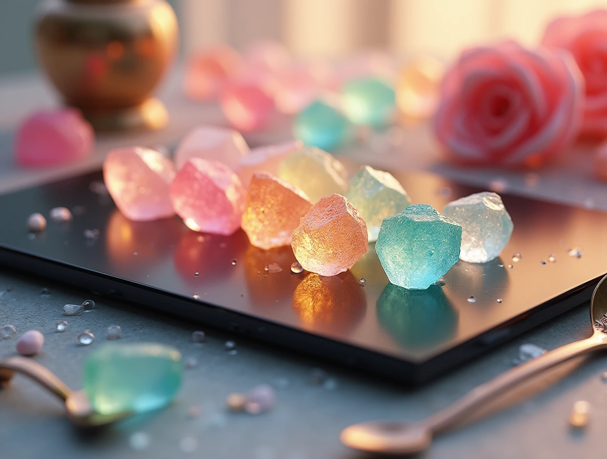 Colorful crystal candy displayed on a decorative plate, showcasing sparkling sugar crystals in various shapes.