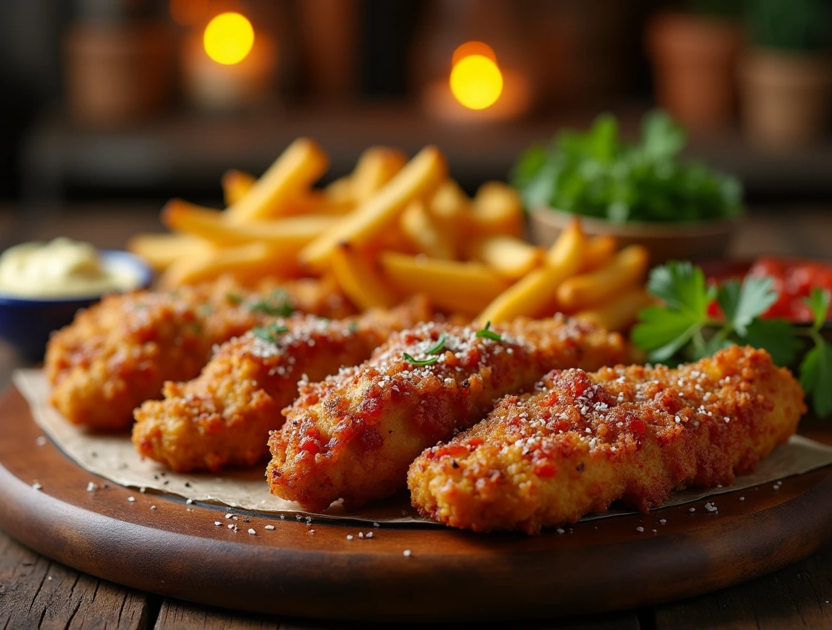 A platter of chicken fries in different cuisines and cultures, garnished with fresh herbs and arranged on a rustic wooden board.