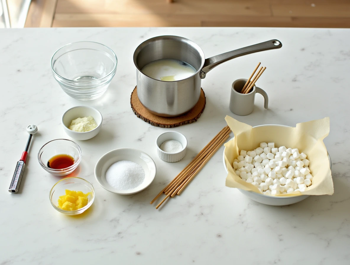 Photographic image of essential ingredients and tools for crystal candy displayed on a kitchen table, including sugar, water, corn syrup, flavorings, and kitchen equipment.