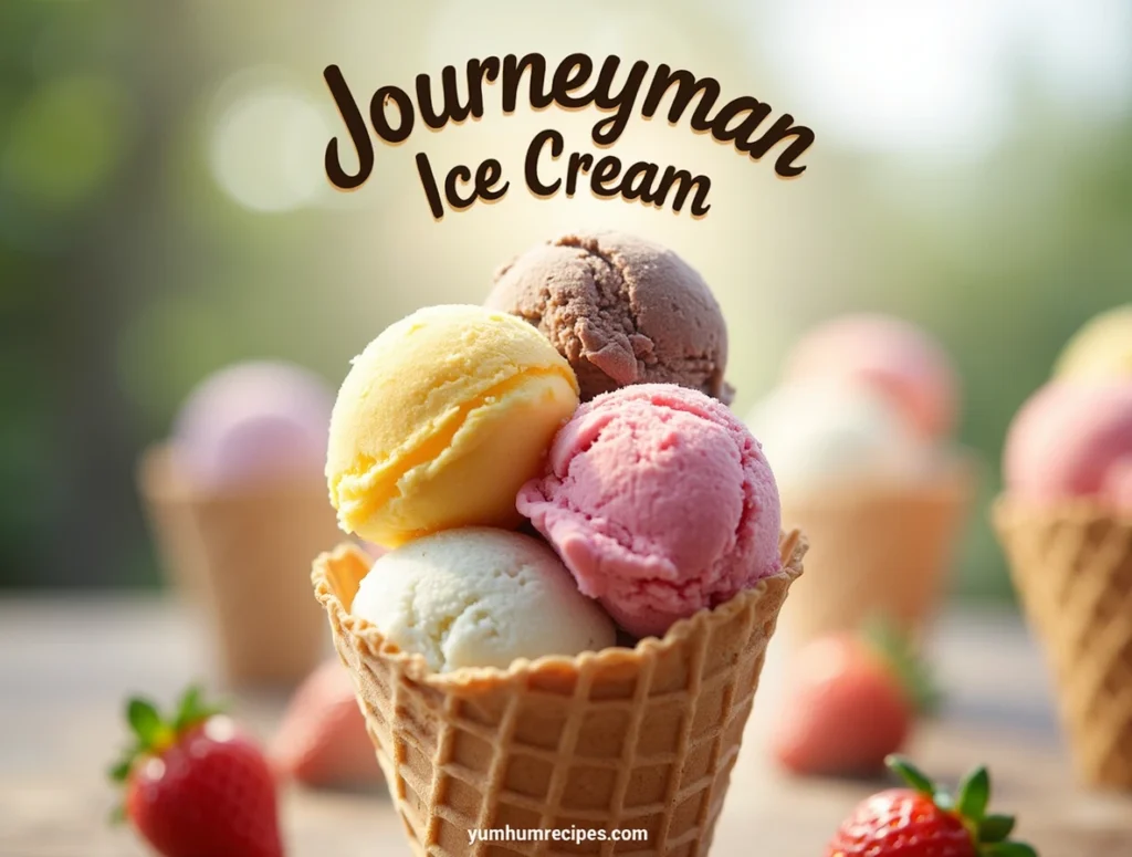 A colorful scoop of Journeyman Ice Cream in a waffle cone, featuring unique flavors like lavender honey, chocolate sea salt, and fresh strawberry against a sunny backdrop.