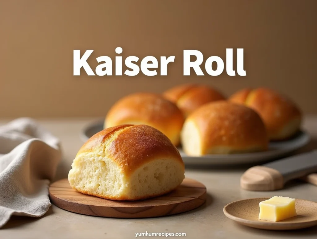 A perfectly baked Kaiser Roll with a golden-brown crust and soft interior, with the keyword "Kaiser Roll​" prominently displayed in the top-right corner.