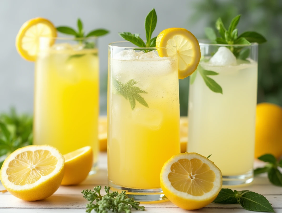 Variety of lemon juice drinks including Homemade Lemonade, Lemon Iced Tea, Lemon Cocktails.