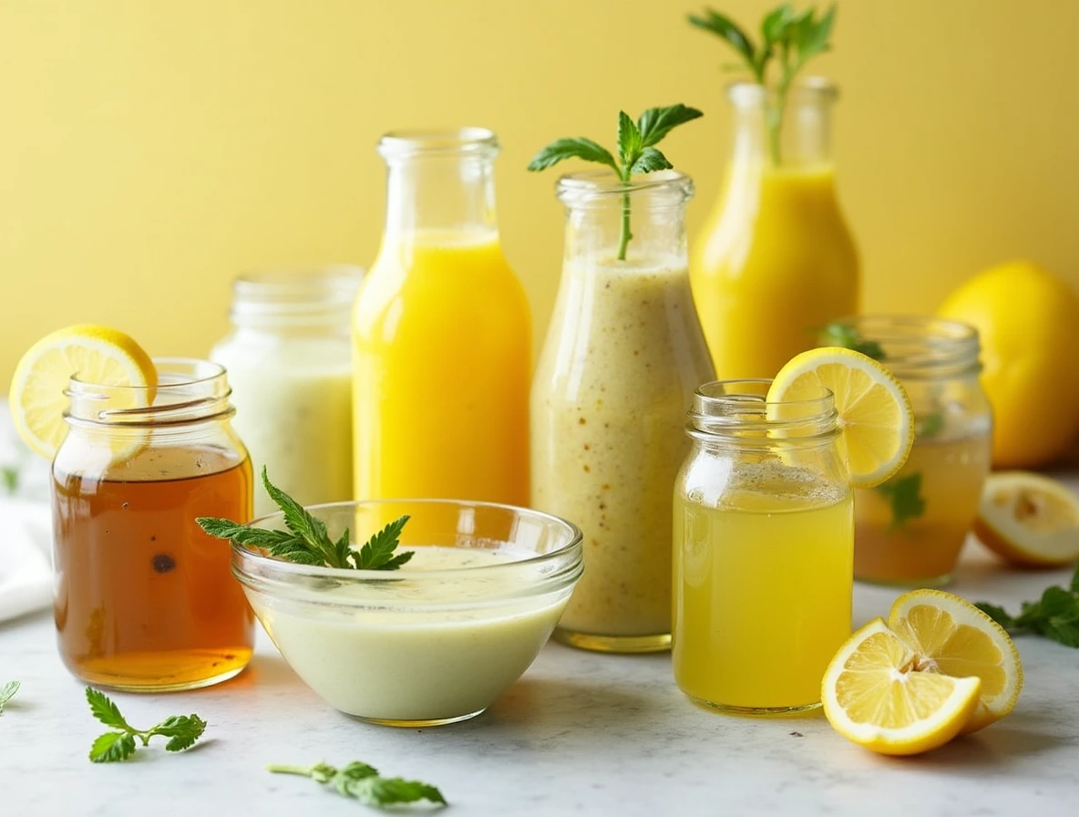 Variety of zesty lemon marinades and dressings made with lemon juice, including Lemon Vinaigrette, Lemon Herb Marinade, and Lemon Garlic Dressing.