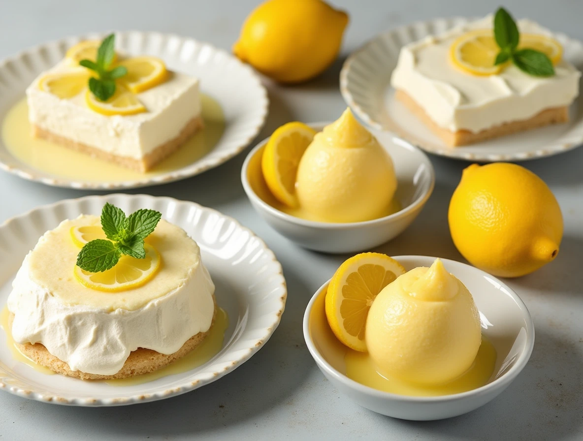 Variety of delicious lemon desserts made with lemon juice, including Lemon Meringue Pie, Lemon Sorbet, and Lemon Curd.