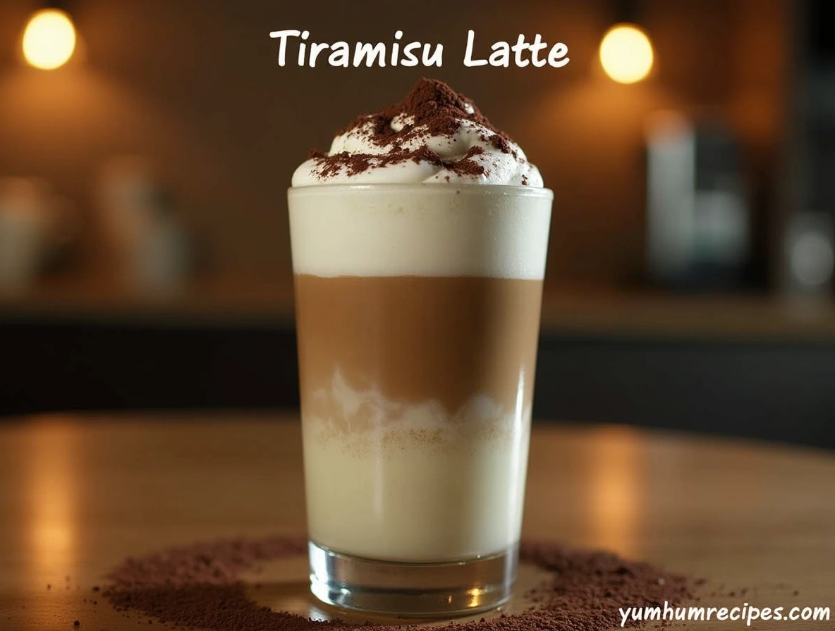 A beautifully layered tiramisu latte in a clear glass, topped with cocoa powder and chocolate shavings, set in a cozy café environment.