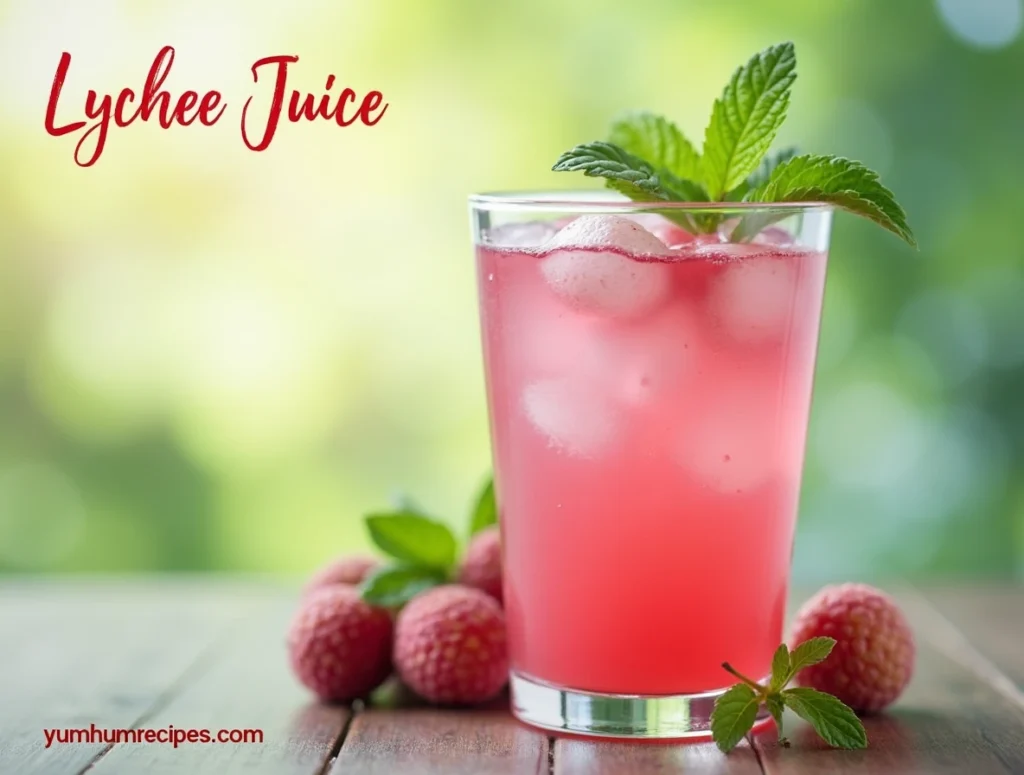 A refreshing glass of lychee juice garnished with mint leaves, set against a bright tropical background.