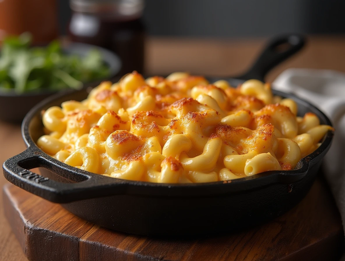 Smoked Mac and Cheese served in a cast-iron skillet, topped with crispy breadcrumbs and garnished with fresh herbs.