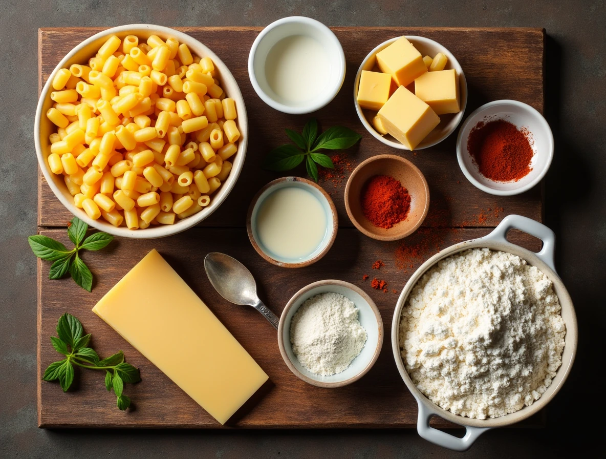 Essential Ingredients of Smoked Mac and Cheese including macaroni, cheeses, milk, butter, and spices.