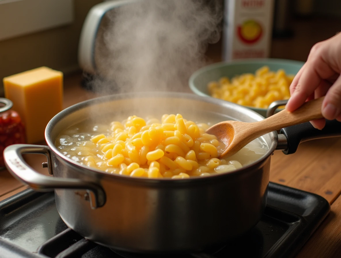 Cooking the Pasta for Smoked Mac and Cheese in a pot of boiling water.