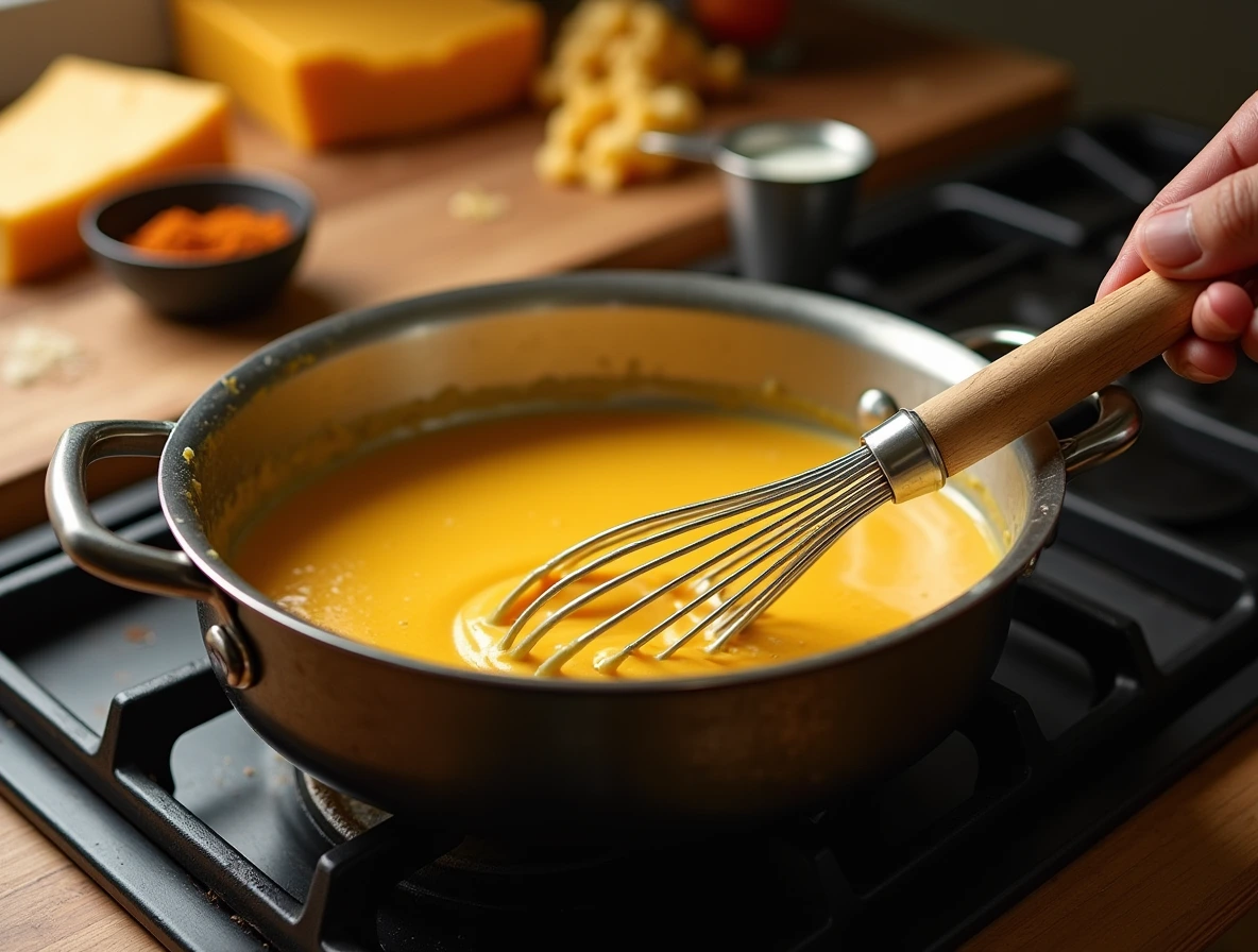 Making the Cheese Sauce for Smoked Mac and Cheese in a saucepan on the stove.