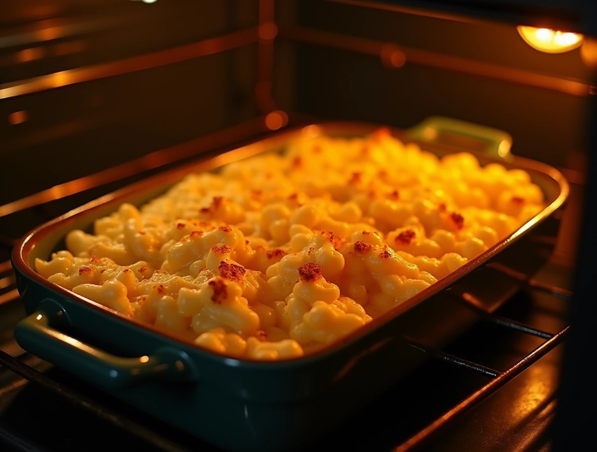 Baking for the Perfect Finish of smoked mac and cheese, showcasing a golden-brown dish just out of the oven.