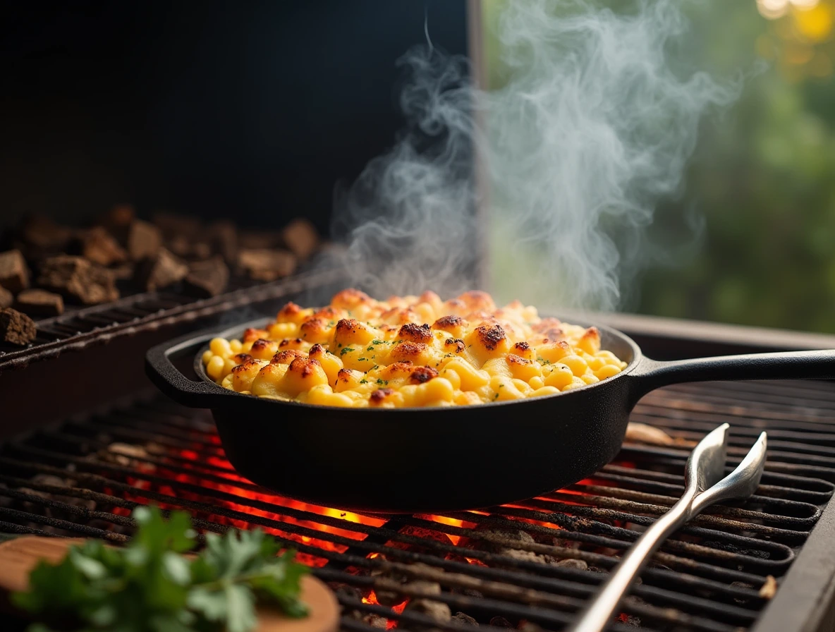 The Smoking Process of the mac and cheese in the oven, showcasing a baking dish with a crispy topping.