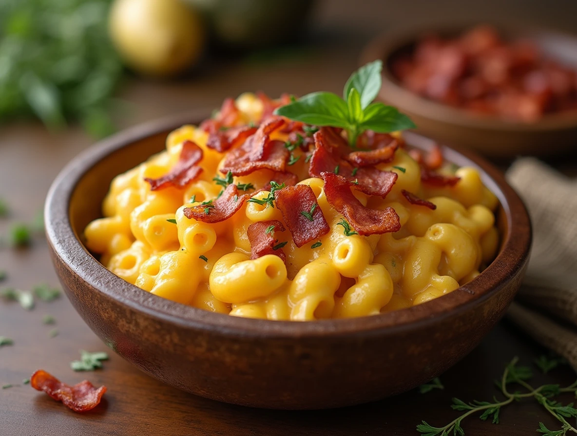 Bacon Smoked Mac and Cheese served in a rustic bowl, topped with crispy bacon and fresh herbs.