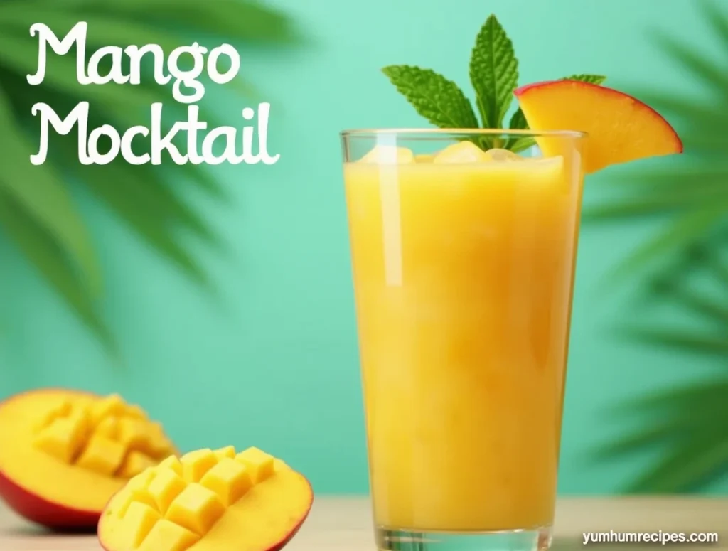 Refreshing mango mocktail served in a tall glass, garnished with a slice of mango and mint, set against a bright tropical background.