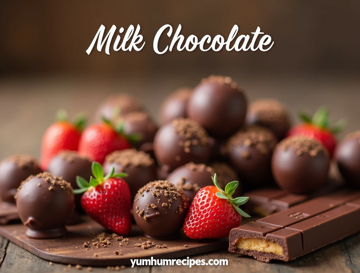 A selection of delicious milk chocolate treats, including chocolate bars, truffles, and chocolate-covered fruits, displayed on a rustic wooden table.