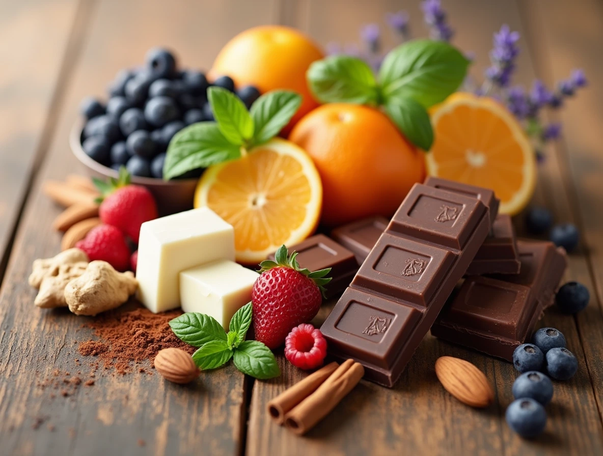 Pairing Milk Chocolate with Other Flavors: Berries, Citrus Fruits, Bananas, Almonds, Hazelnuts, Pecans, Walnuts, Cinnamon, Chili Powder, Ginger, Cream, Cheese, Yogurt, Mint, Basil, Lavender