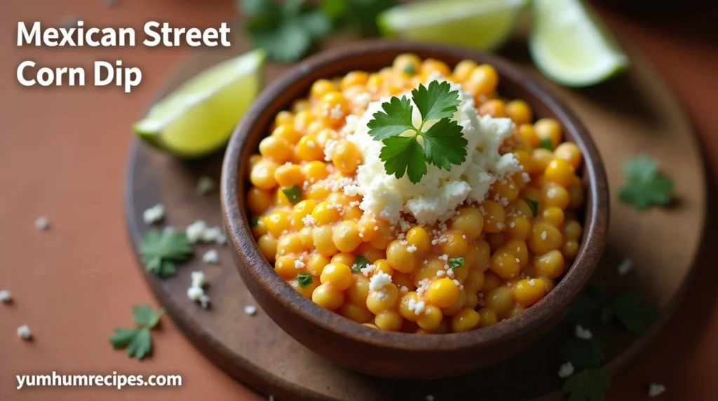 A delicious and creamy Mexican Street Corn Dip served with crispy tortilla chips and garnished with fresh lime wedges, perfect for snacking or entertaining.