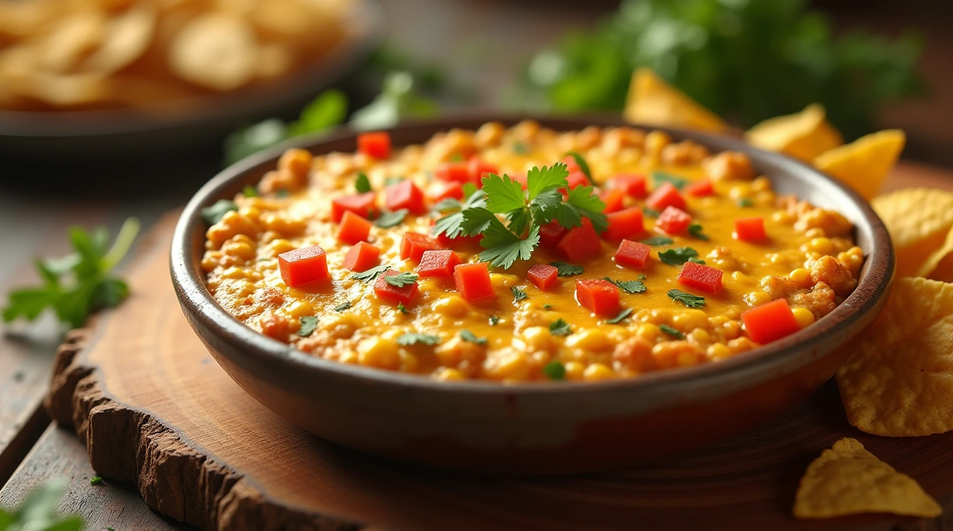 A delicious and vibrant Mexican Street Corn Dip recipe with melted cheese, diced tomatoes, and crispy tortilla chips.