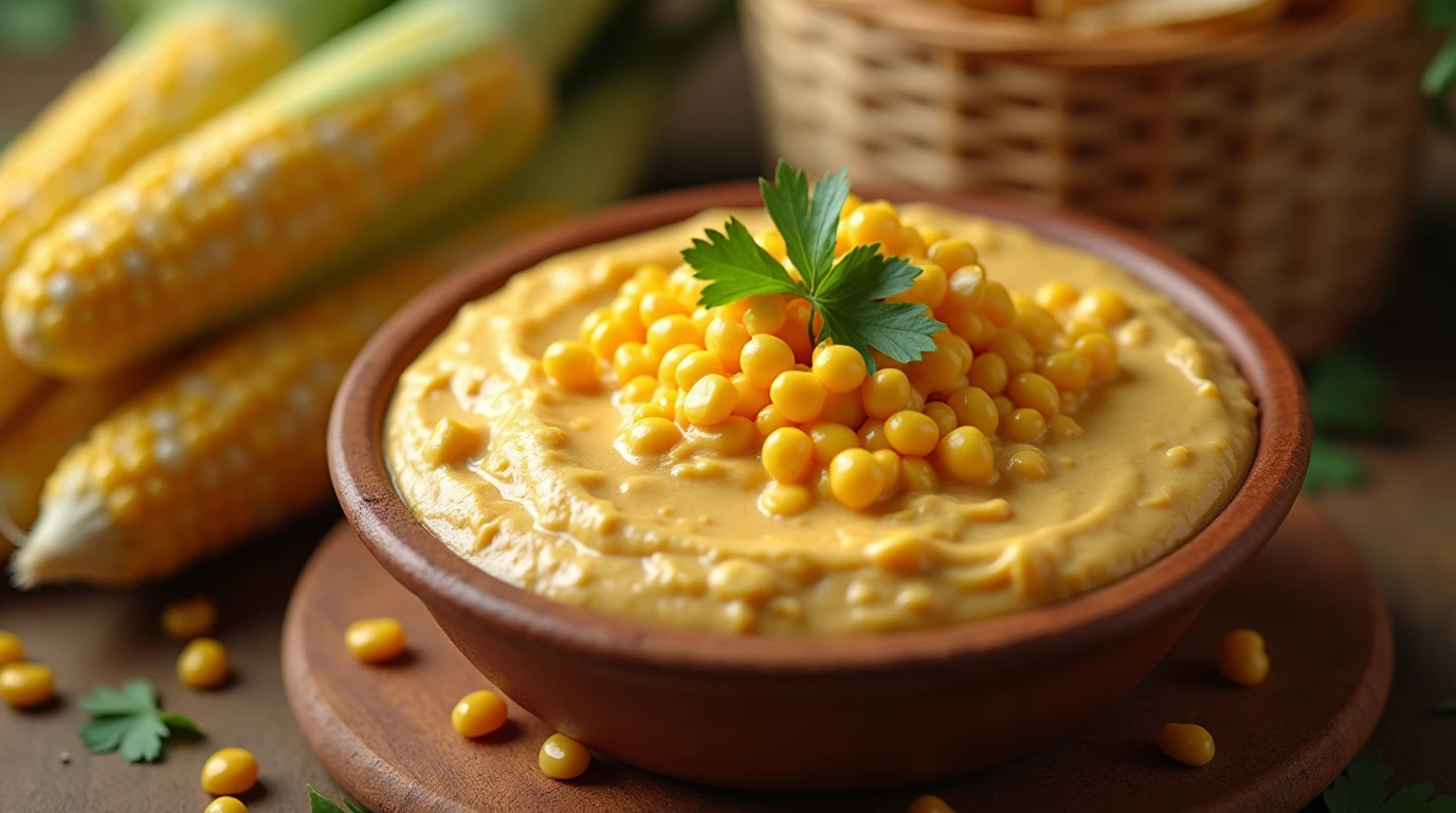 A close-up shot of a delicious Mexican Street Corn Dip, fresh corn kernels and creamy texture, with rustic wooden cutting board and woven basket of corn husks in the background.