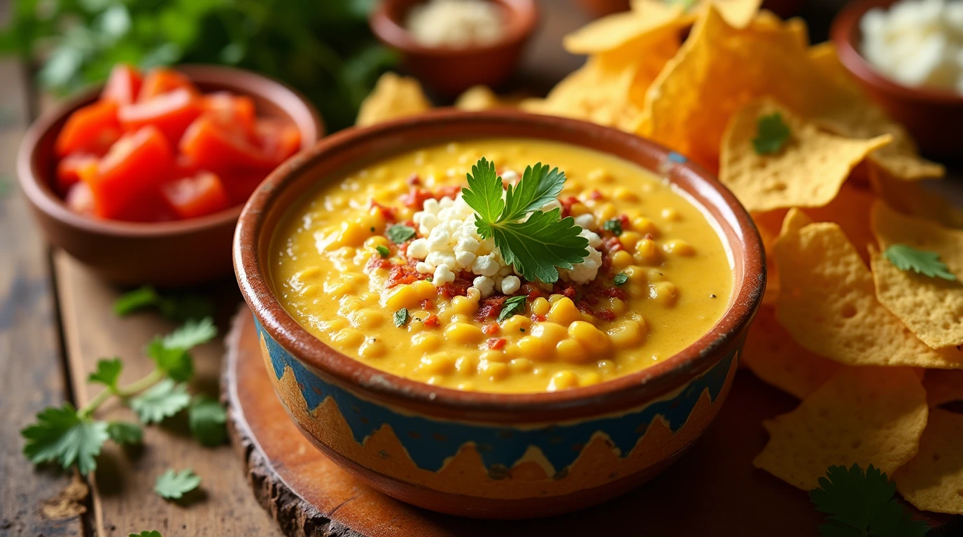 A close-up shot of a vibrant Mexican Street Corn Dip spread, surrounded by essential ingredients and equipment.