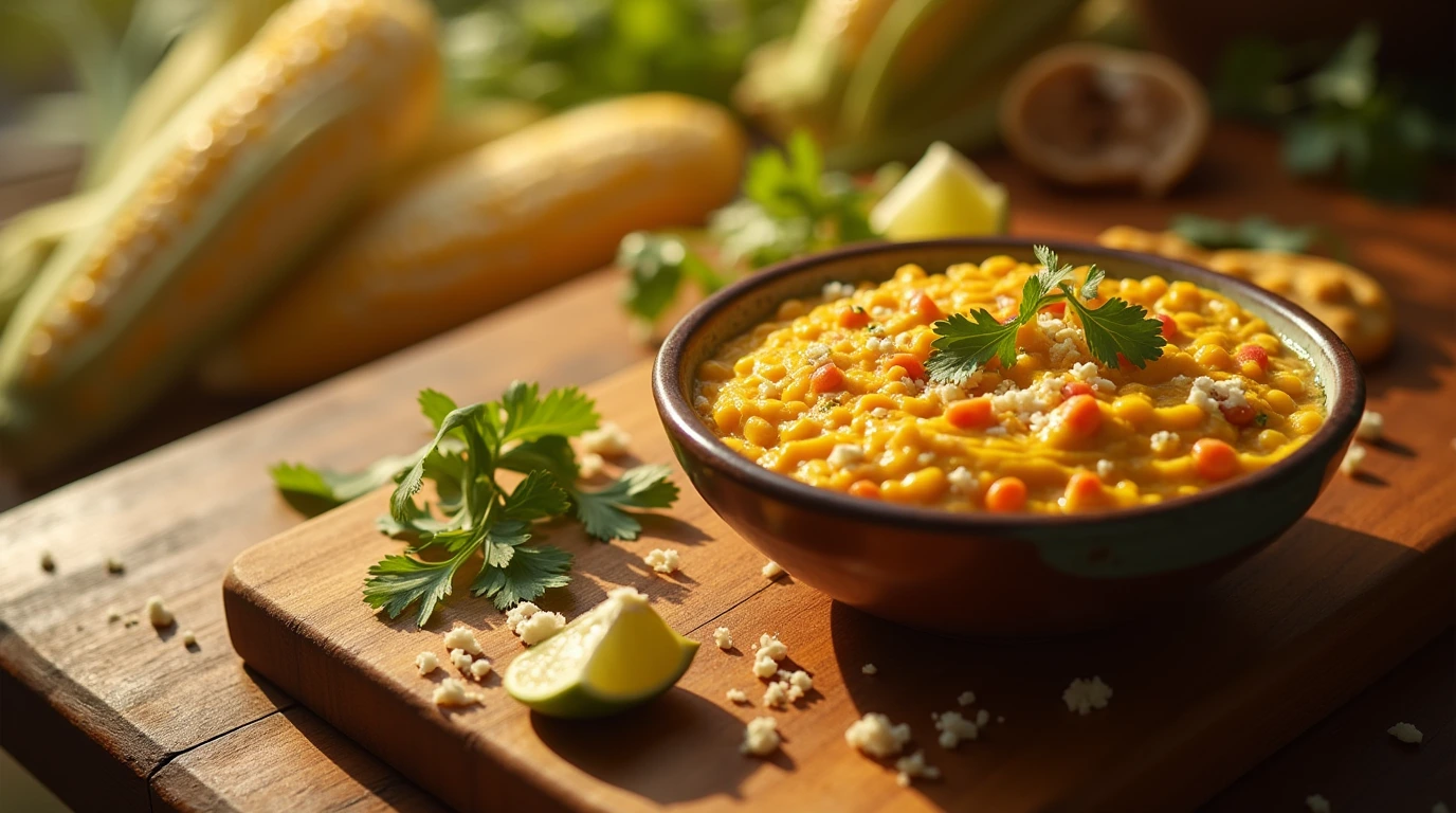 A vibrant, creamy Mexican Street Corn Dip served on a rustic wooden cutting board, garnished with fresh cilantro, crumbled cotija cheese, and a slice of lime.