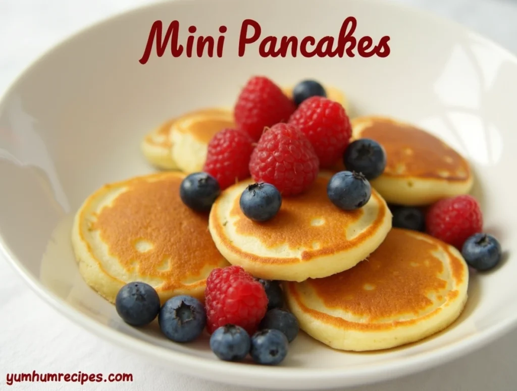 A bowl of fluffy mini pancakes topped with fresh raspberries and blueberries.