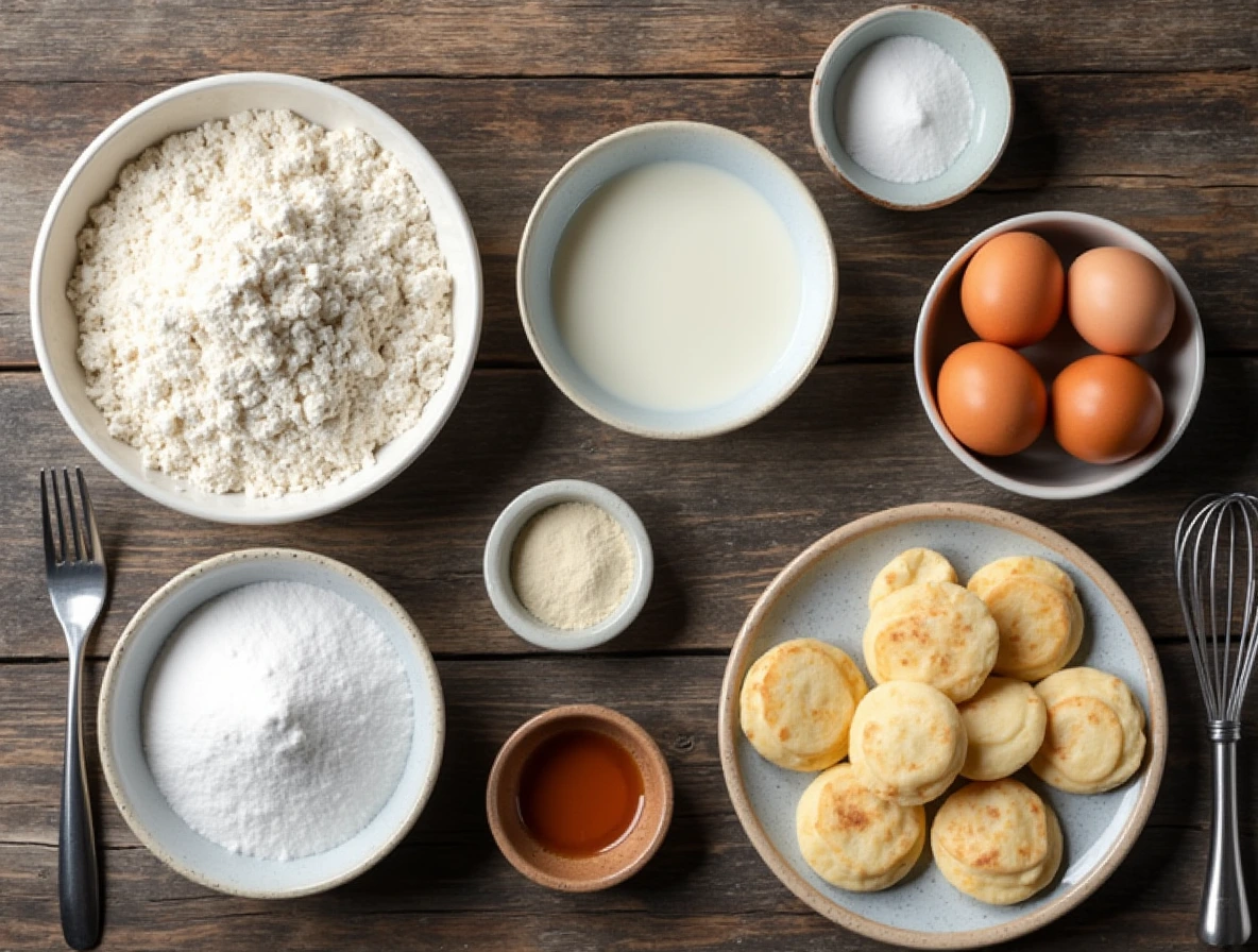 Ingredients needed for mini pancakes: flour, eggs, milk, baking powder, sugar, vanilla extract.