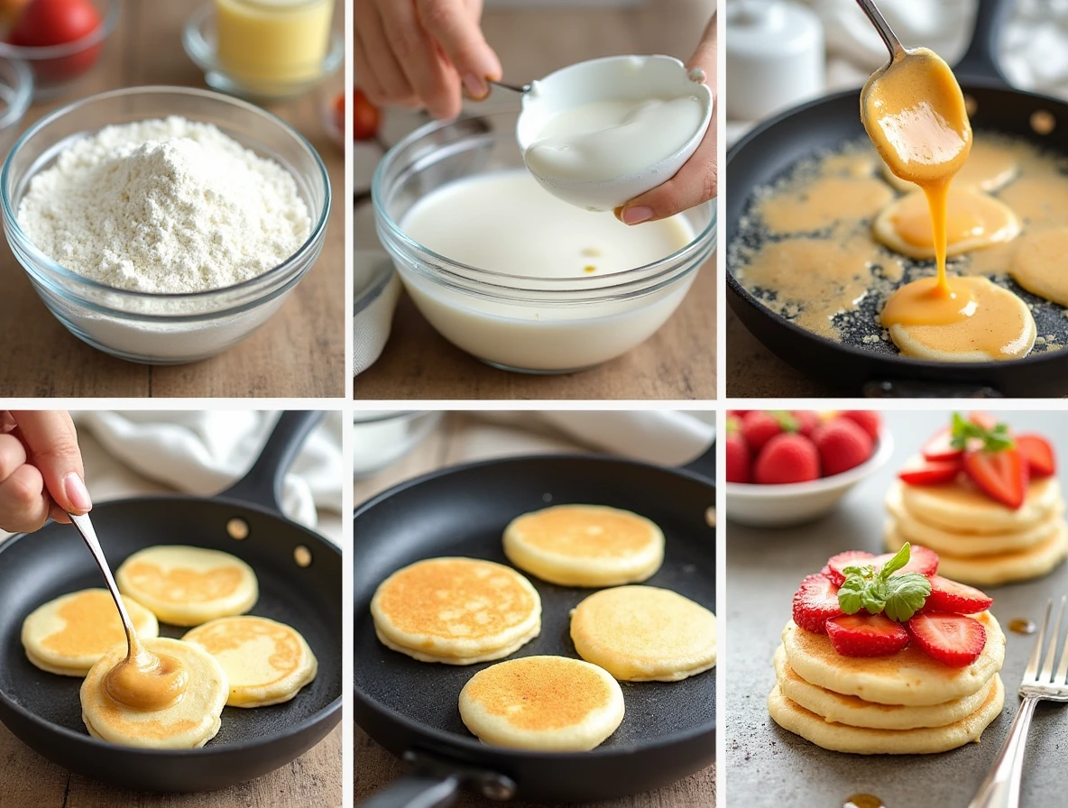 Step-by-step collage of making mini pancakes.