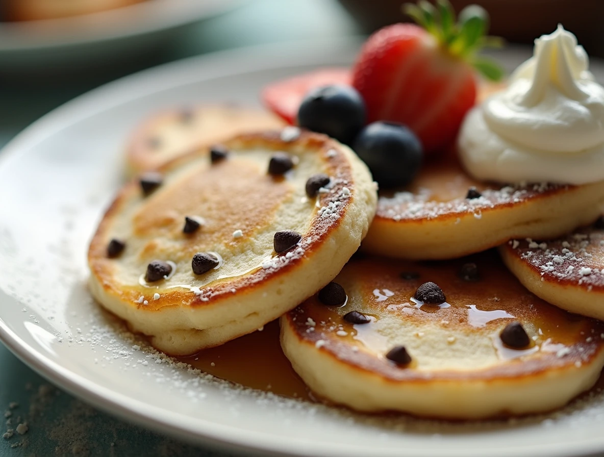 Mini Chocolate Chip Pancakes drizzled with syrup and topped with whipped cream and berries.