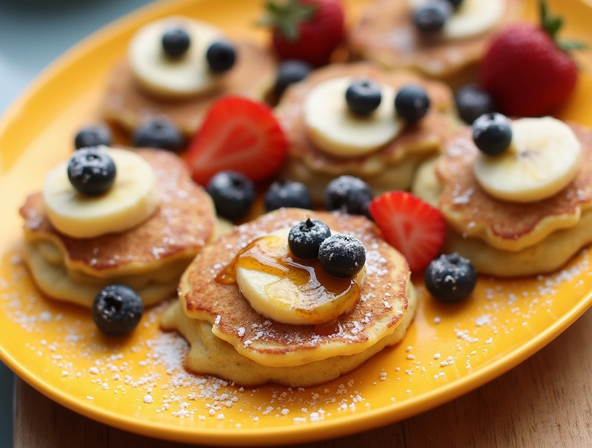 Mini Fruit-Infused Pancakes topped with fresh fruits and drizzled with syrup.