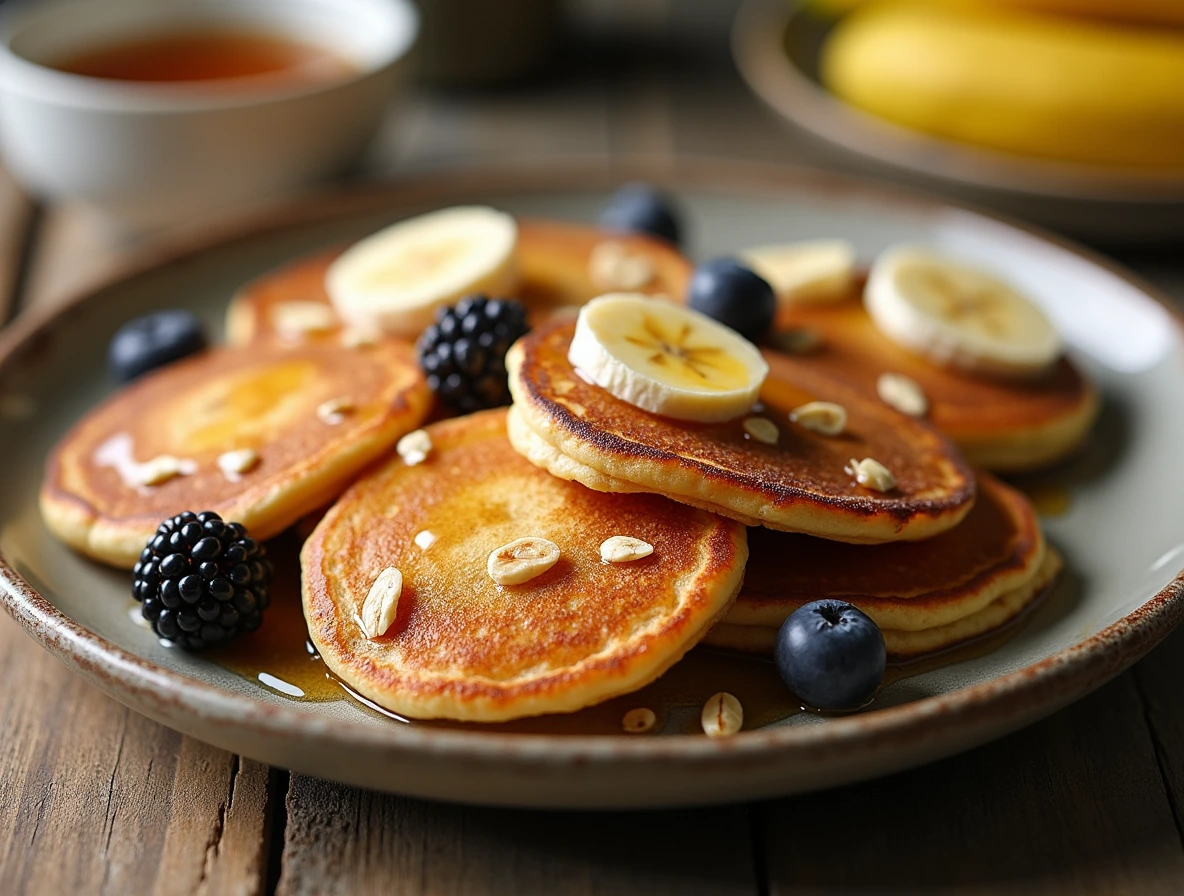 Healthy Mini Pancakes topped with fresh fruit and drizzled with syrup.