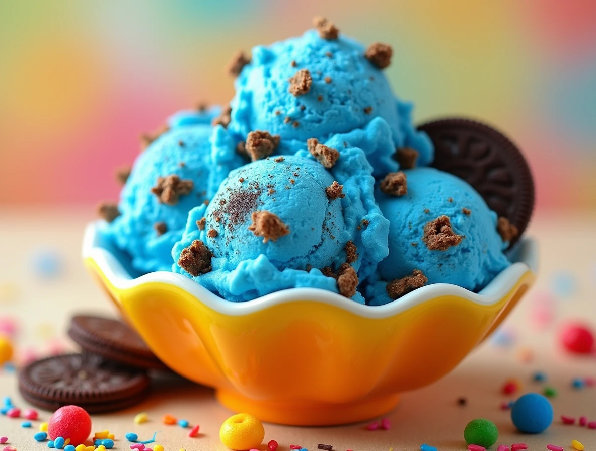 Cookie Monster Ice Cream: A Fun and Colorful Treat Cookie Monster Ice Cream in a colorful bowl with cookie dough chunks and crushed chocolate cookies.