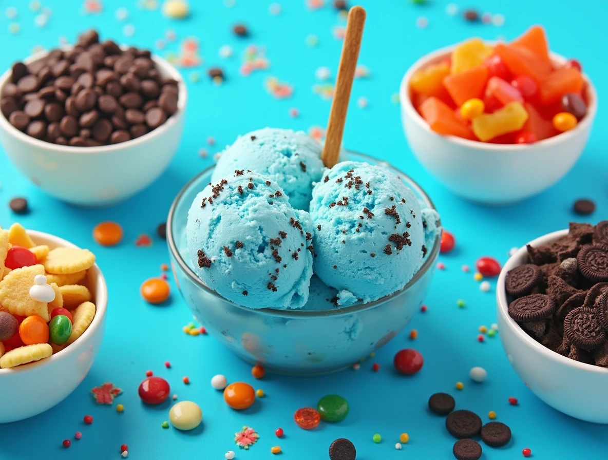 Fun Toppings to Enhance Your Cookie Monster Experience Fun Toppings to Enhance Your Cookie Monster Experience including chocolate chips, crushed Oreos, and gummy candies around cookie monster ice cream.